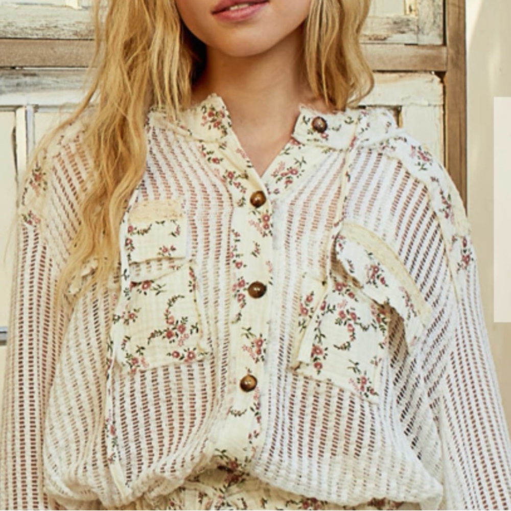 POL NWT Off White/Natural Floral Button-Up Sheer Top with Hood.Rayon/Spandex - Picture 4 of 17